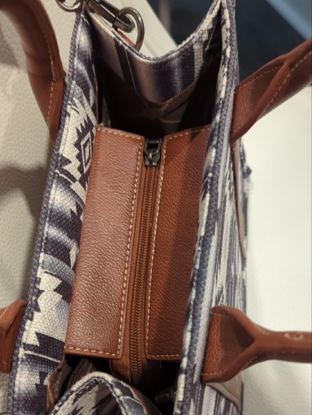 Wrangler Gray and White Aztec Canvas Tote with Brown Trim and Strap - Picture 4 of 12